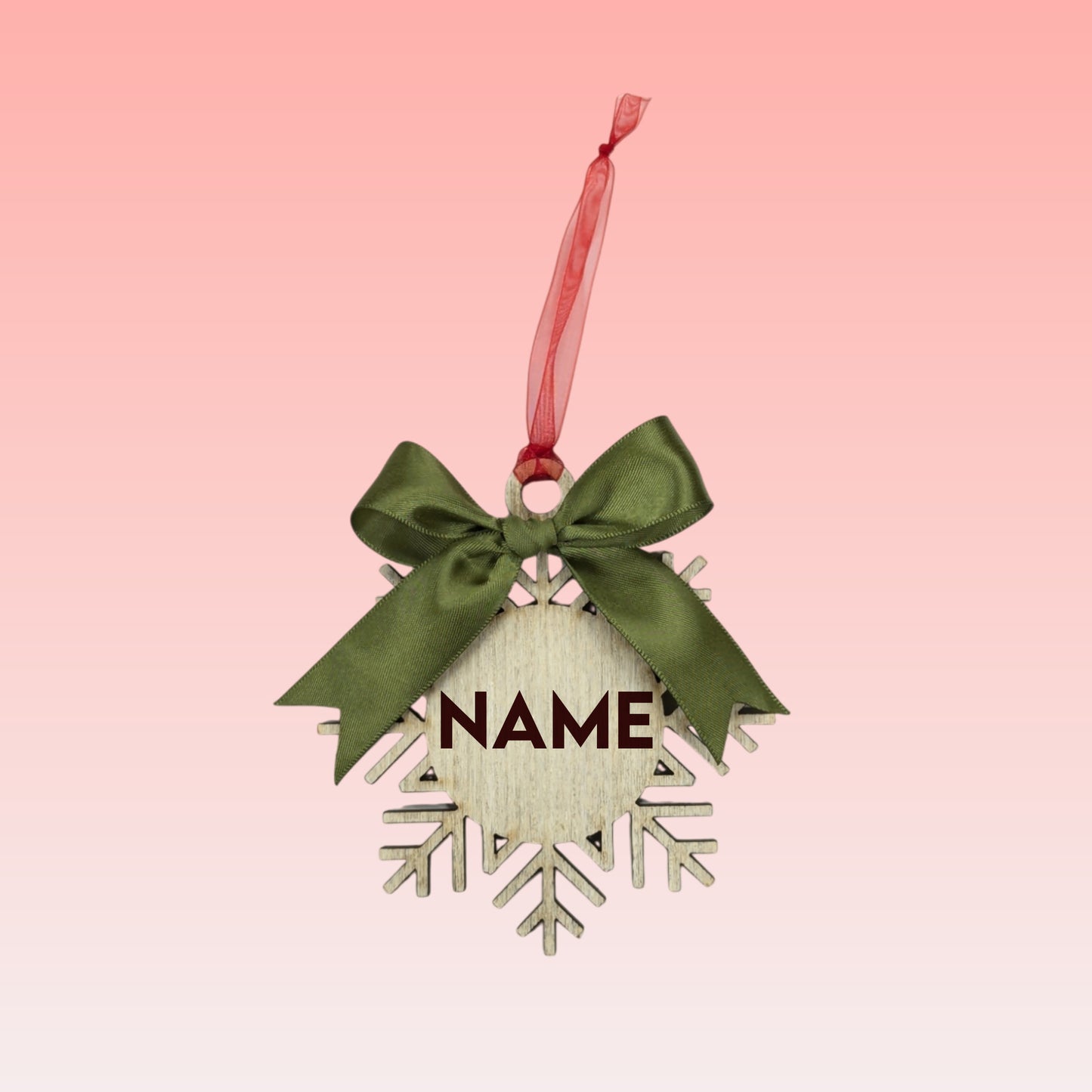 Wooden Snowflake with Name Ornament – Custom Name with Red or Green Bow