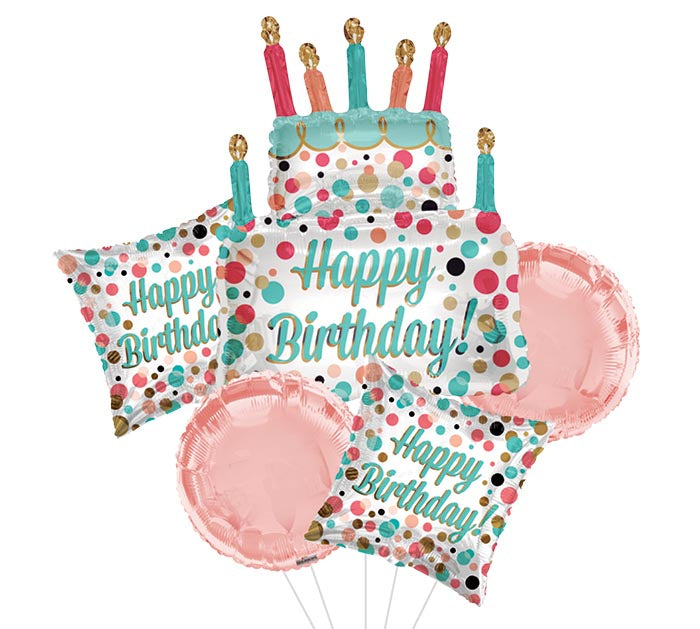 Happy Birthday Cake Balloon Bouquet — 5 Balloons, Helium Filled