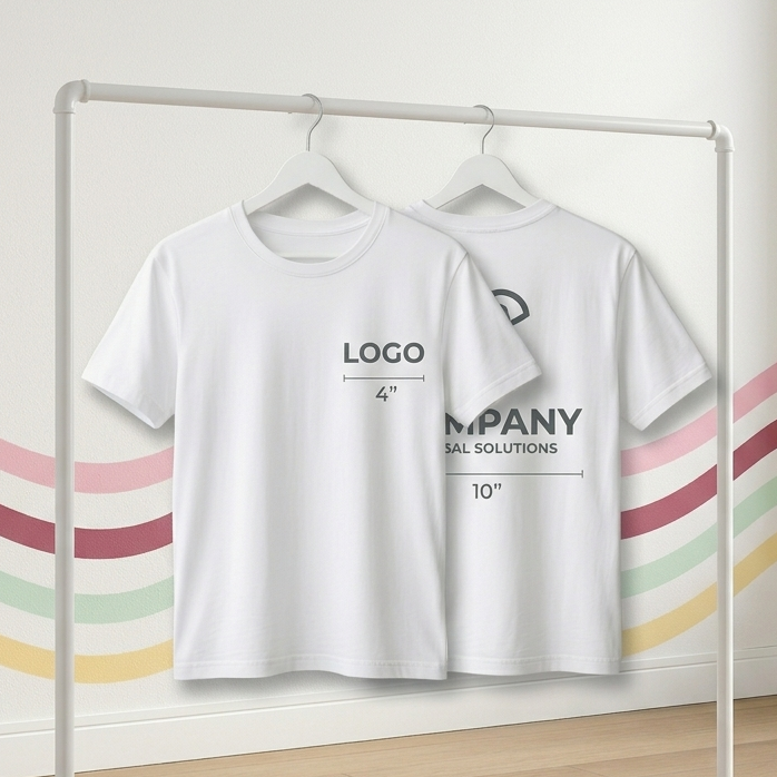 Two white t-shirts with text on a rack against a white wall with colorful stripes.