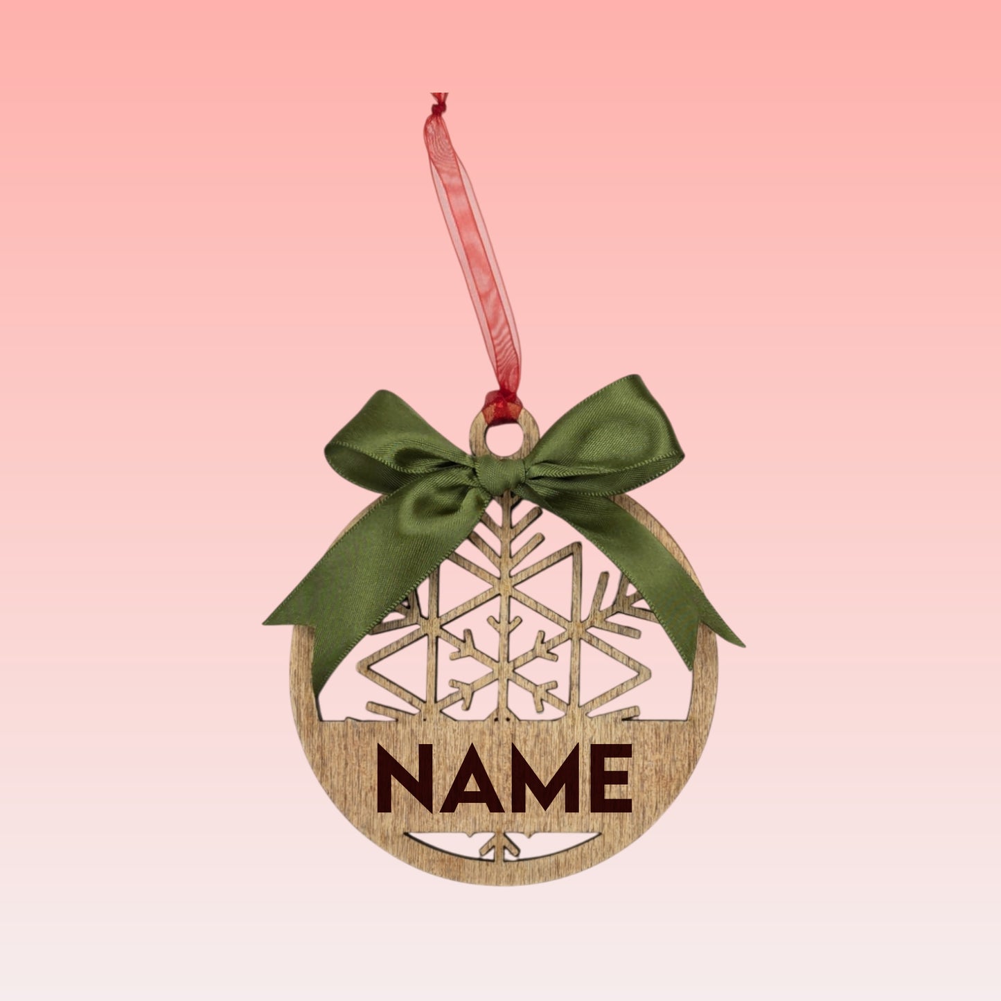 Personalized Wooden Snowflake Ornament – Custom Name with Red or Green Bow