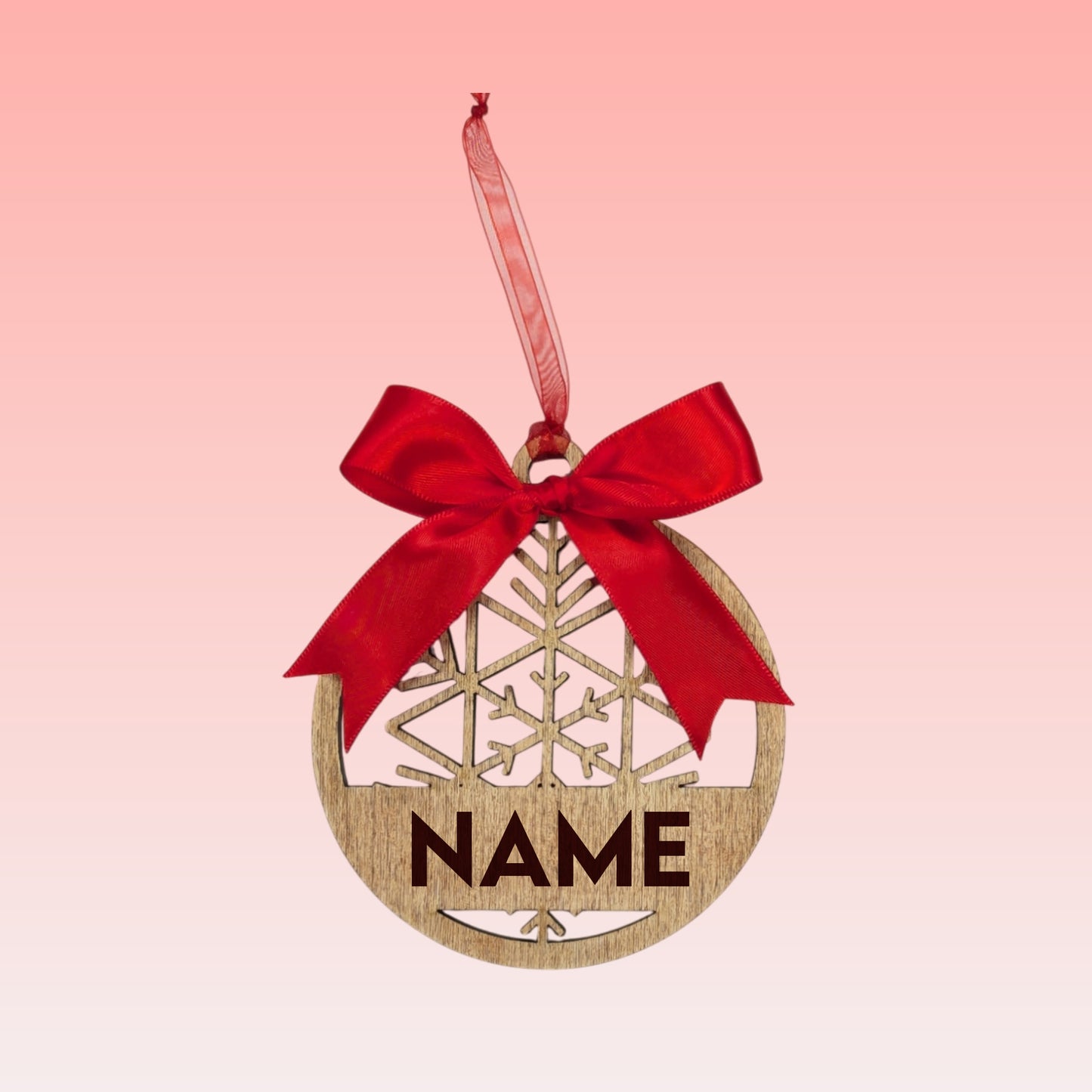 Personalized Wooden Snowflake Ornament – Custom Name with Red or Green Bow