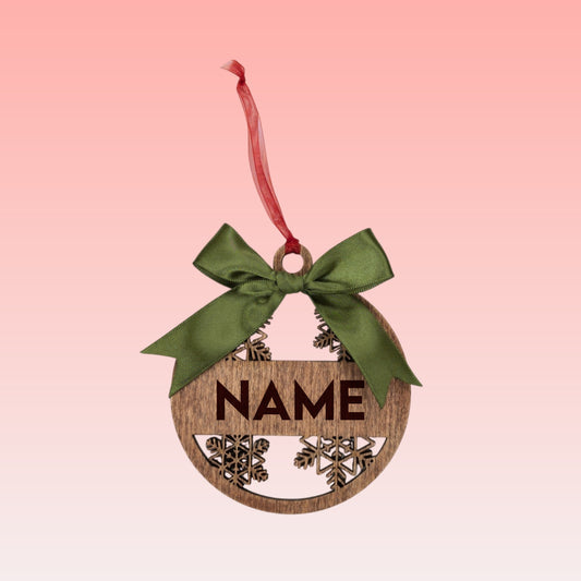 Name Wooden Snowflake Ornament – Custom Name with Red or Green Bow