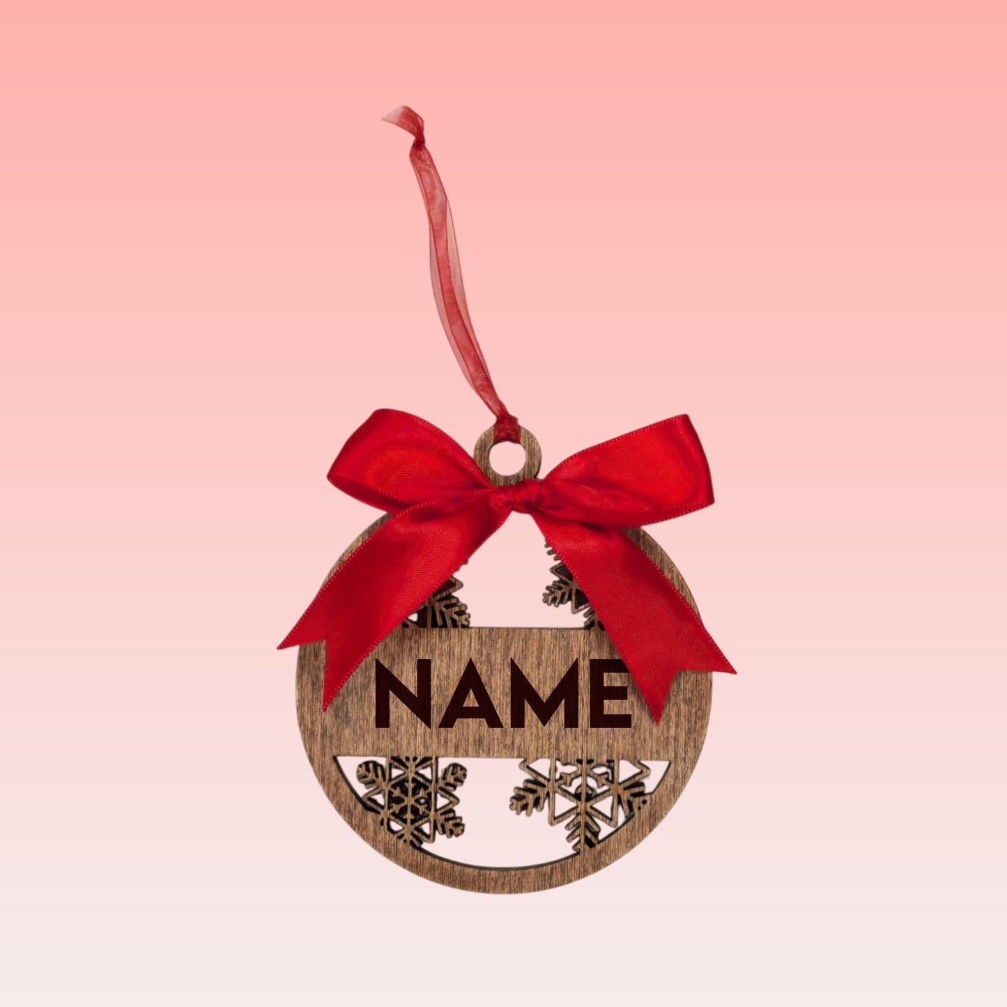 Name Wooden Snowflake Ornament – Custom Name with Red or Green Bow