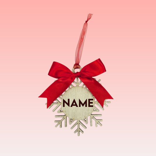 Wooden Snowflake with Name Ornament – Custom Name with Red or Green Bow