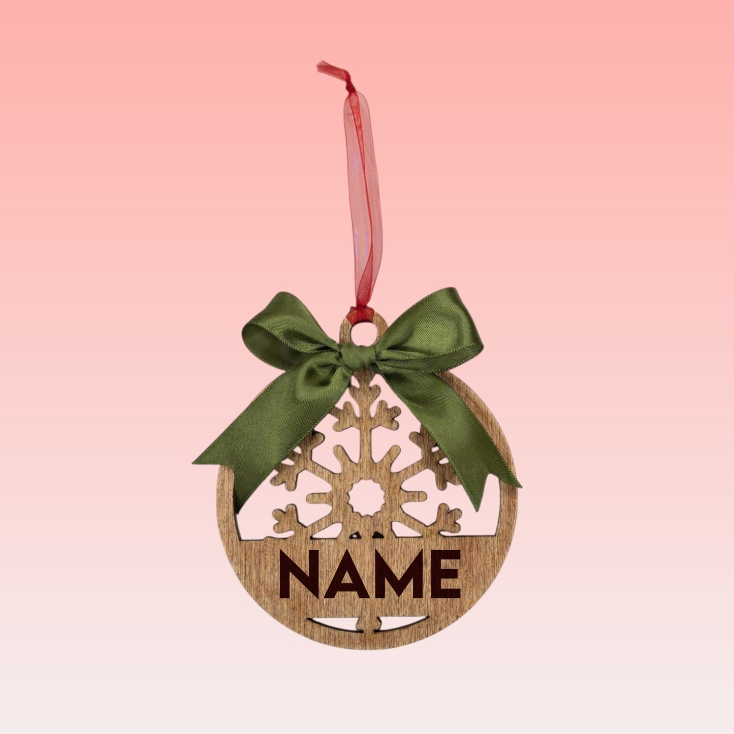 Wooden Snowflake Ornament with Name – Custom Name with Red or Green Bow