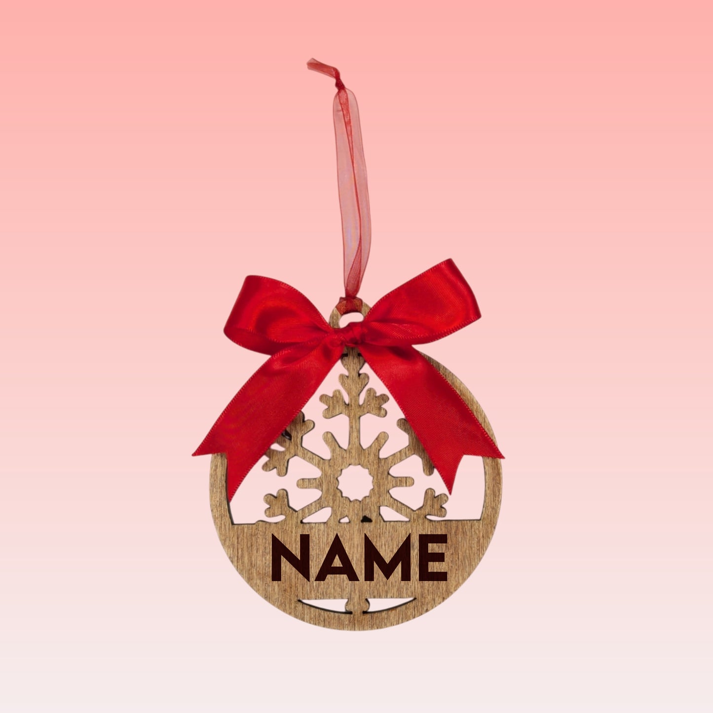 Wooden Snowflake Ornament with Name – Custom Name with Red or Green Bow