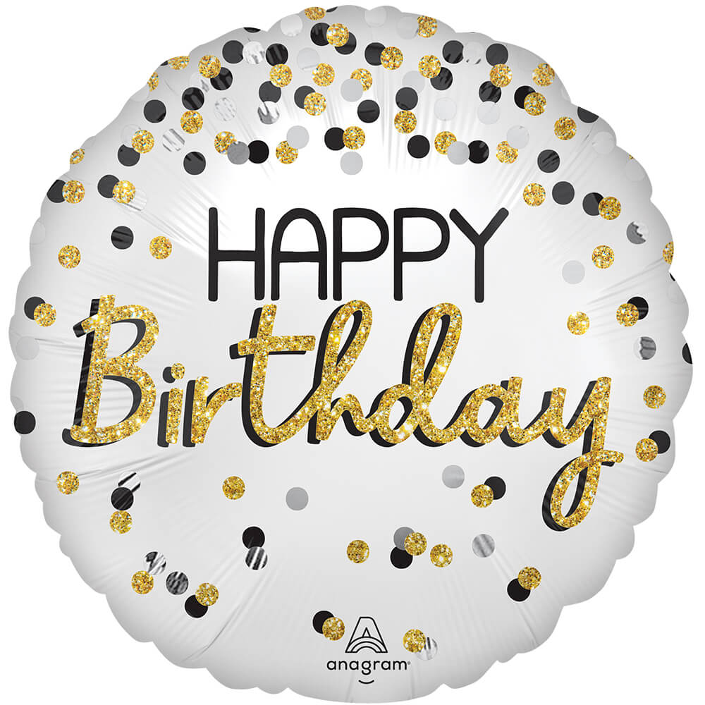 18" Black, Silver & Gold Birthday Foil Balloon with Helium – Elegant Party Decor