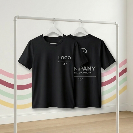 Black t-shirt with text on a white rack against a light-colored wall with colorful stripes.