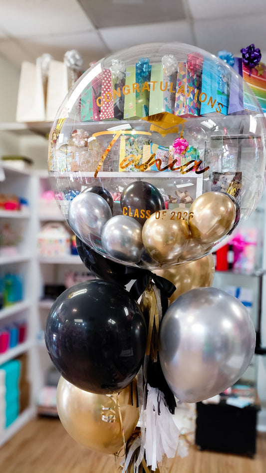 Graduation Bubble Balloon  — Personalized Name & Class Year | Jumbo Clear Stuffed Balloon