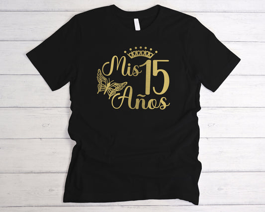 Mis 15 Años Quinceañera T-Shirt – Black Cotton with Gold Butterfly Design