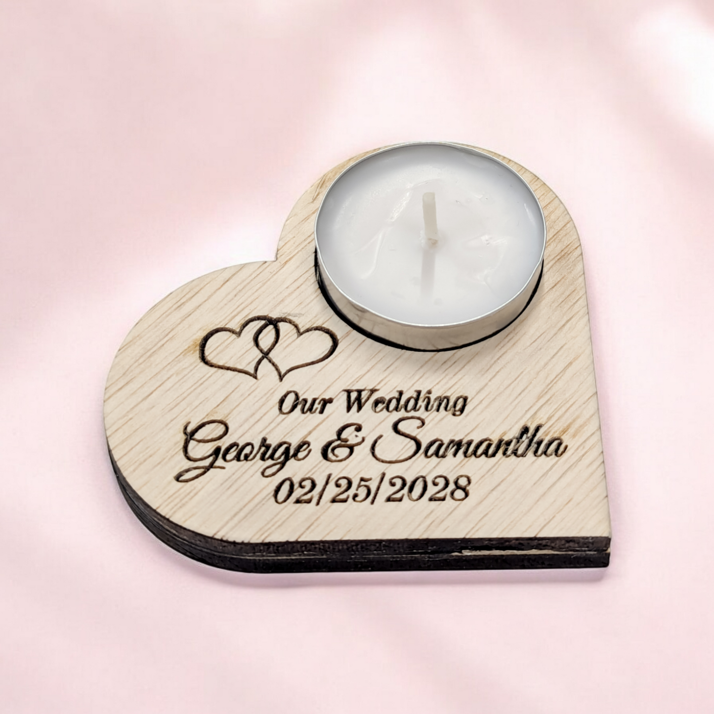 Personalized Wooden Wedding Candle Holders (Set of 12) – Laser Engraved Heart Design with Tealight Candle