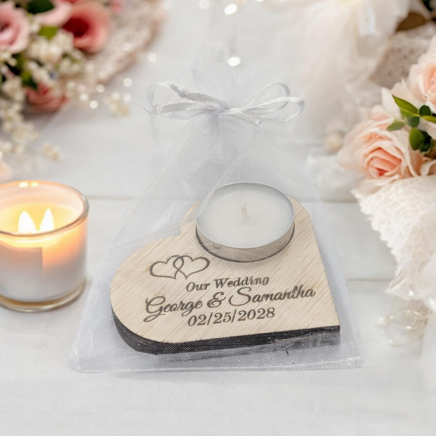 Personalized Wooden Wedding Candle Holders (Set of 12) – Laser Engraved Heart Design with Tealight Candle