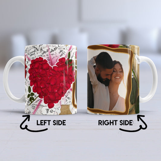 Heart of petals with picture Mug, Taza Corazon de petalos