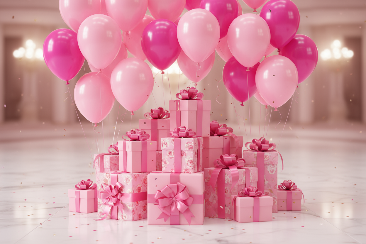 balloons and gift wrapping in pink