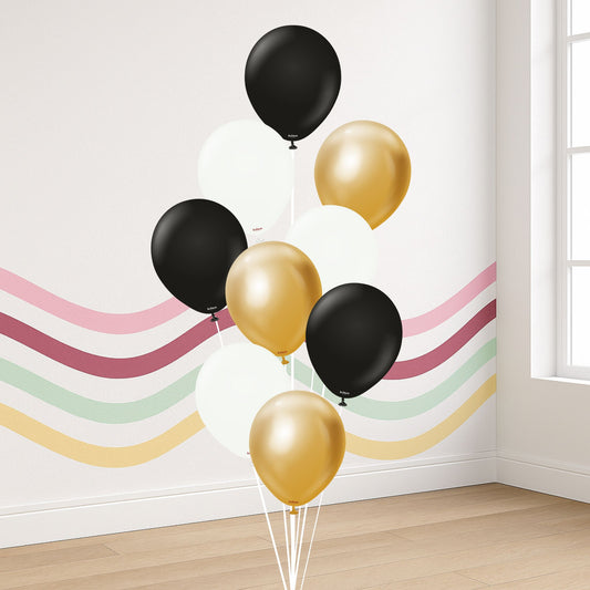 9-Balloon Bundle – 11" Kalisan Black, White & Gold with Hi-Float (Helium-Filled, Pickup Only)