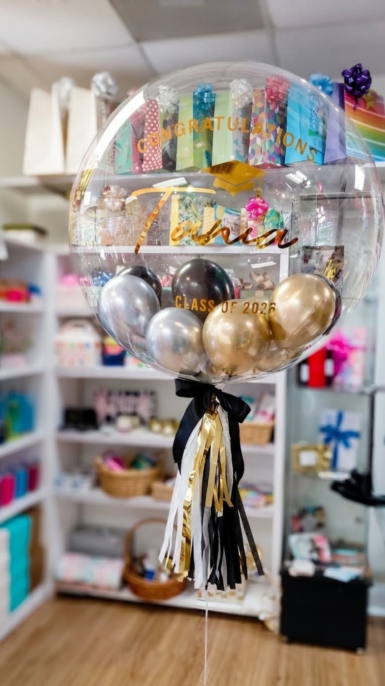 Graduation Bubble Balloon  — Personalized Name & Class Year | Jumbo Clear Stuffed Balloon