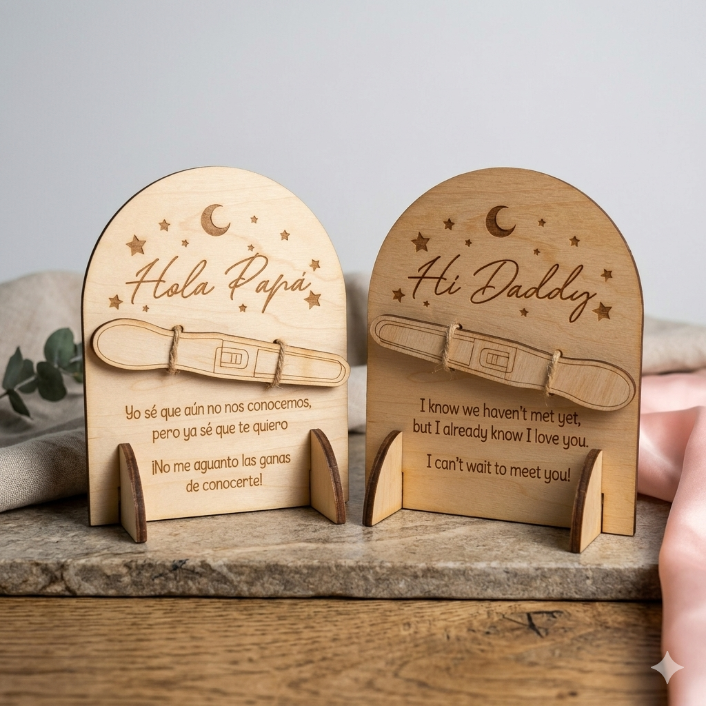 Wooden Pregnancy Announcement Keepsake | "Hi Daddy" & "Hola Papá" Engraved Sign | Surprise Baby Reveal Gift for New Dad & Grandparents | Rustic Pregnancy Test Holder
