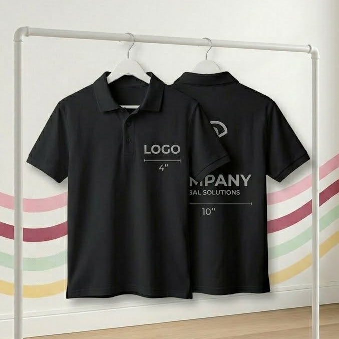Black t-shirt with text on a white rack against a light-colored wall with colorful stripes.