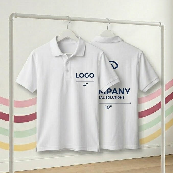 Two white polo shirts on a rack with logos in a room with a window and colorful wall.